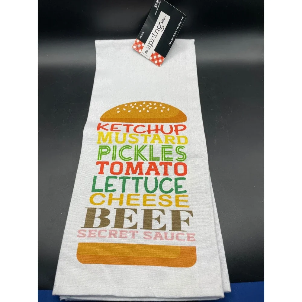 The Spring Shop Burger Ingredients Tea Towel White Cotton Kitchen BBQ 5661129